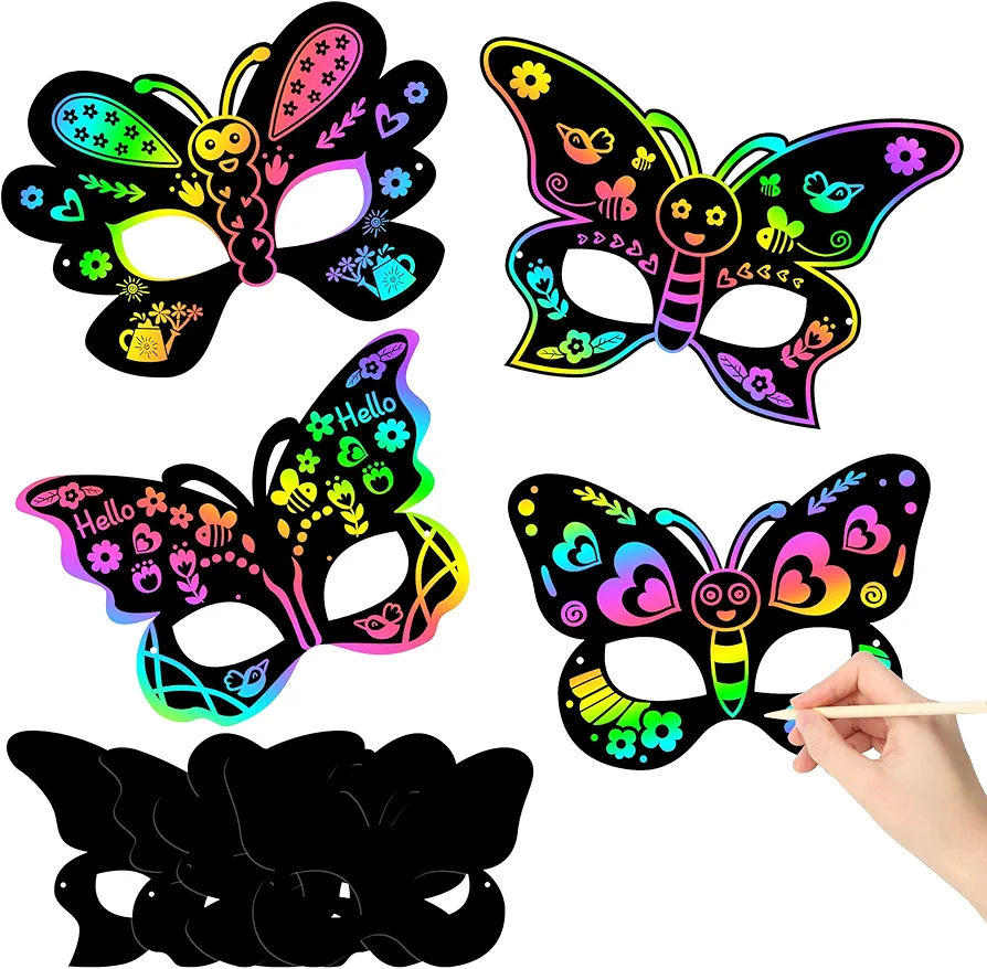 24Pcs Summer Butterfly Scratch Masks for Kids DIY Butterfly Scratch Craft Kit Dress-up Costume Decorate for Girls Birthday Party Favors School Classroom Activity Art Project