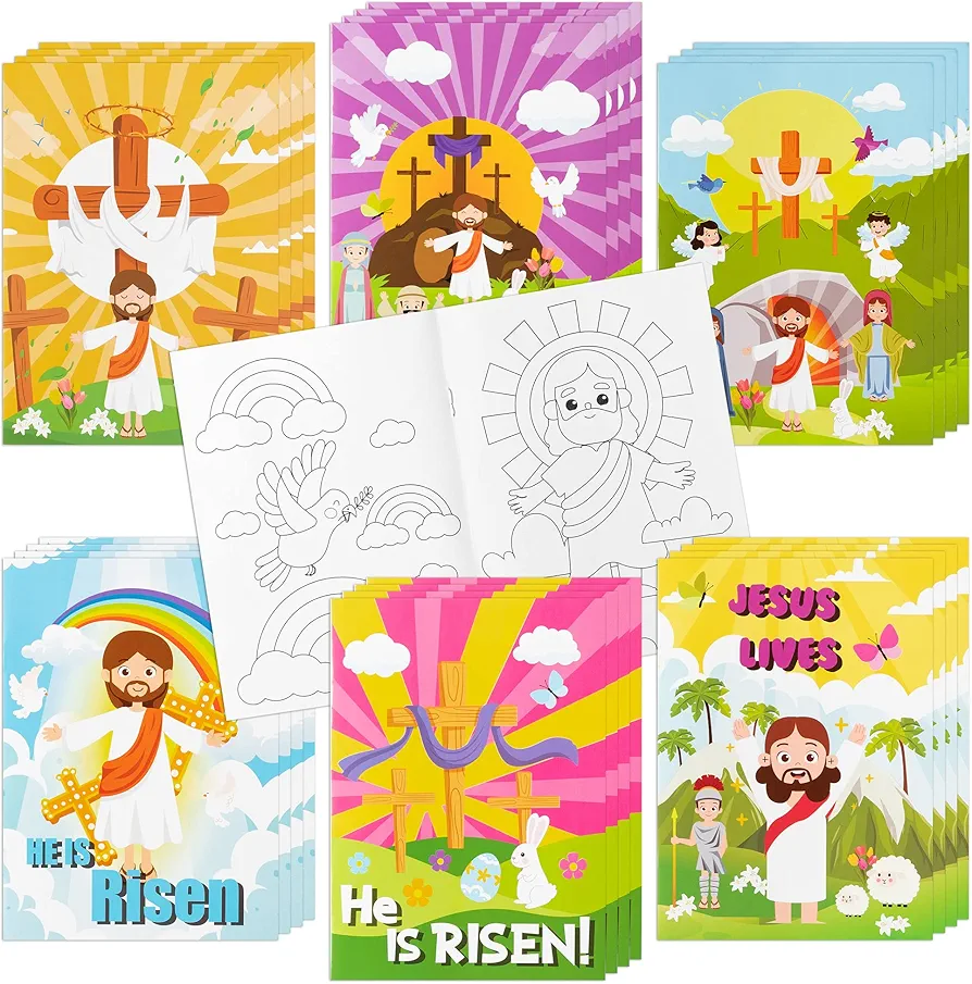 WATINC 24pcs Christian Easter Coloring Books for Kids, He is Risen Color Booklet Bulk with Jesus Crosses DIY Art Drawing Book, Painting Craft Party Favors and Goodie Bag Fillers for Home and Classroom