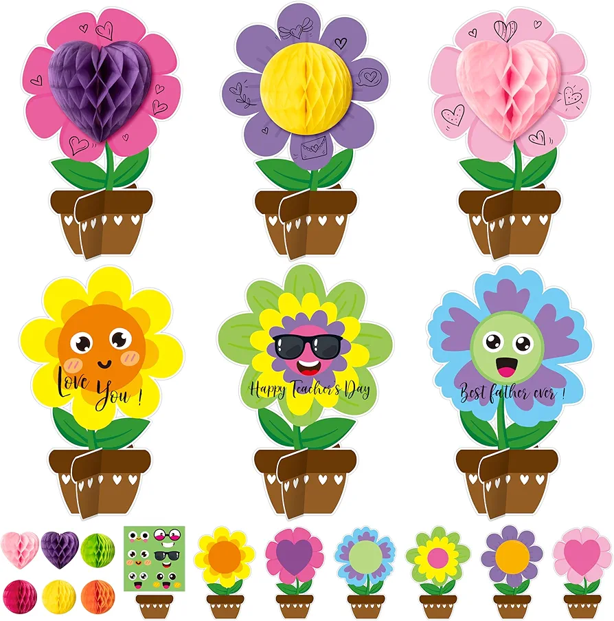WATINC 24 Pack Appreciation Honeycomb Flower Craft Kits, Make Your Flowers Pot Gift Crafts Decor, DIY Flowers Craft Gifts Home School Classroom Art Activities for Kids