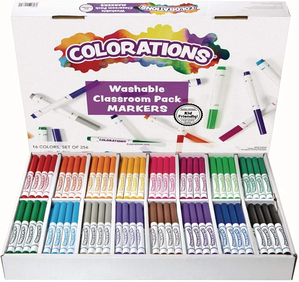 Colorations Washable Markers, Set of 256, 16 Colors, Non Toxic | Bulk Art Supplies For Kids, Classroom Kit, Coloring Class Pack, Crafting Materials For Children