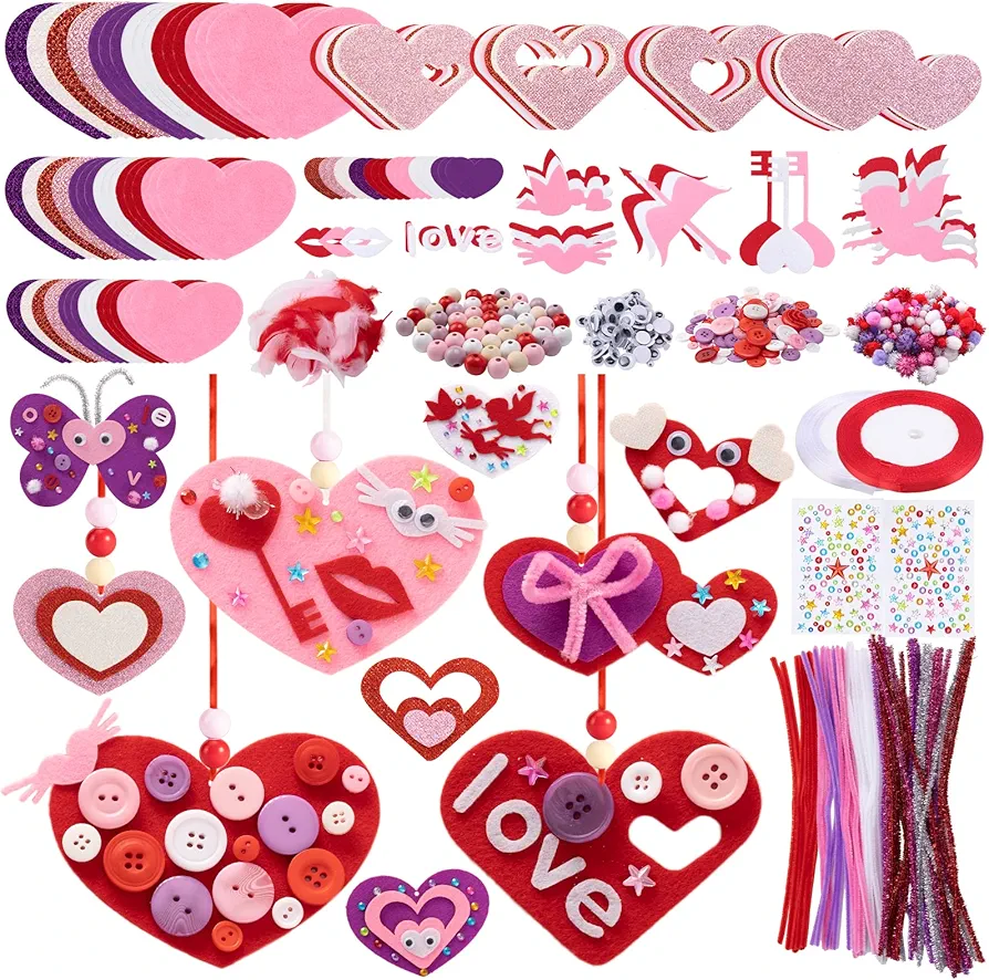 Caydo 730PCS Valentine Day Arts and Crafts Supplies for Kids, Including Felt Sheets Pipe Cleaners Pom Poms Wiggle Eyes Feather for Valentine's Day Craft and Decorations