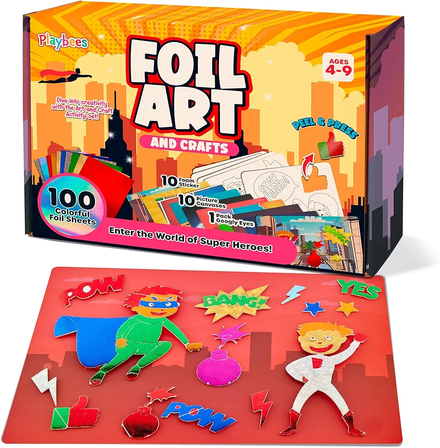 Playbees Foil Art Kit Superheroes - Preschool Arts and Crafts Kit for Kids- No Mess Art for Boys & Girls Ages 4, 5, 6, 7, 8, 9 Years Old - DIY Creative Activity - Art & Craft Activity