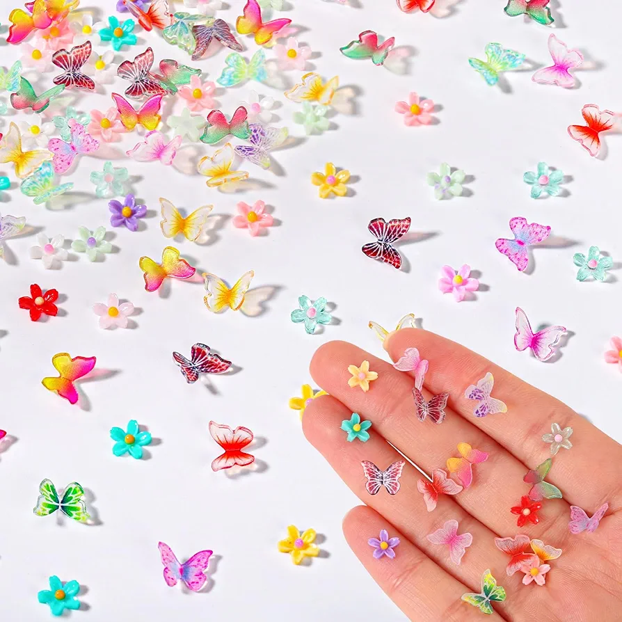 100PCS Micro Resin Butterflies and Flowers Miniature Crafts Dollhouse Mini Tiny Butterflies Figurines Fairy Garden Doll Toys Miniature Stuff Garden Landscape Decorations