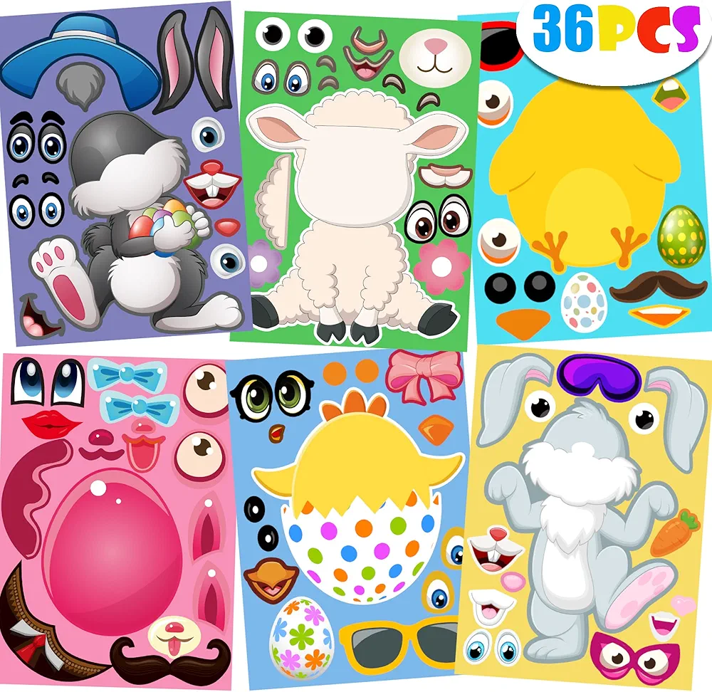 ROCWOHO 36 PCS Mix and Match Make Your Own Stickers with Easter Egg, Bunny, Chicken, Sheep, Easter Decorations Party Favor Supplies Game Birthday School Classroom Supplies DIY Art Crafts for Kids
