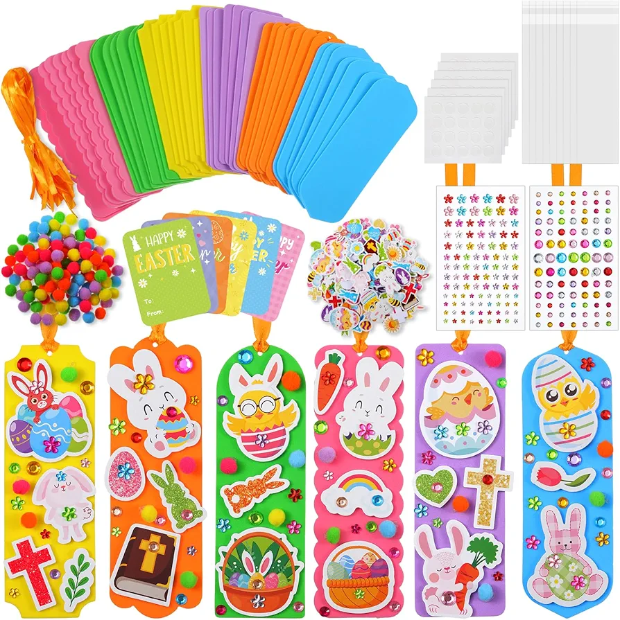 Pasimy 48 Set Easter DIY Bookmarks Christian Easter Foam Craft Kit Easter Blank Bookmark Crafts with Cross Bunny Egg Stickers for Easter Spring Decoration Classroom Activities Party Favor Art Project