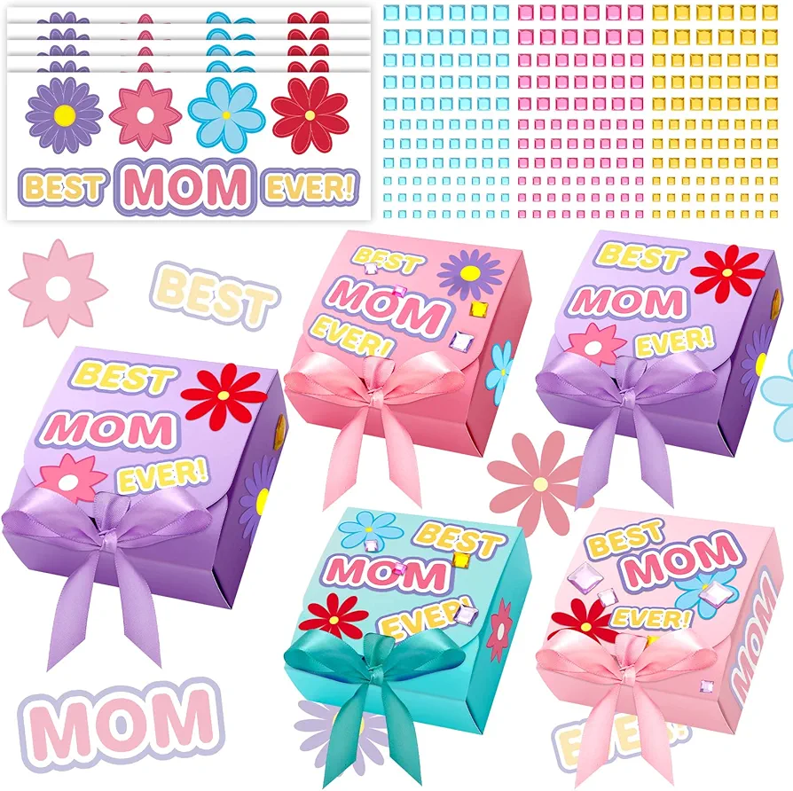 Colarr 24 Sets Mother's Day Jewelry Box Craft Kit Bulk Mother's Day Crafts for Kids with Flower Stickers Self Adhesive Rhinestones Ribbons Instructions Mother's Day Gifts for Kids to Make