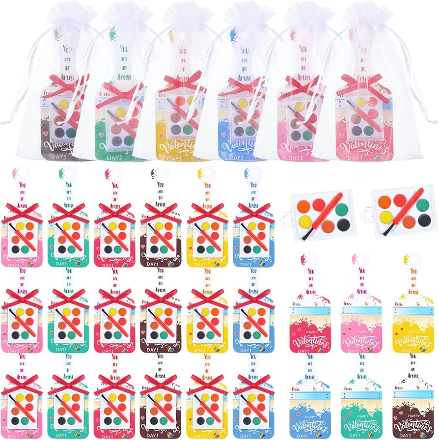 Sosation 32 Packs Valentines Day Gifts for Class Valentines Cards with Watercolor Paint Sets and Organza Bags Ribbon Party Favors Set for Classroom Boys Girls Gift Exchanges