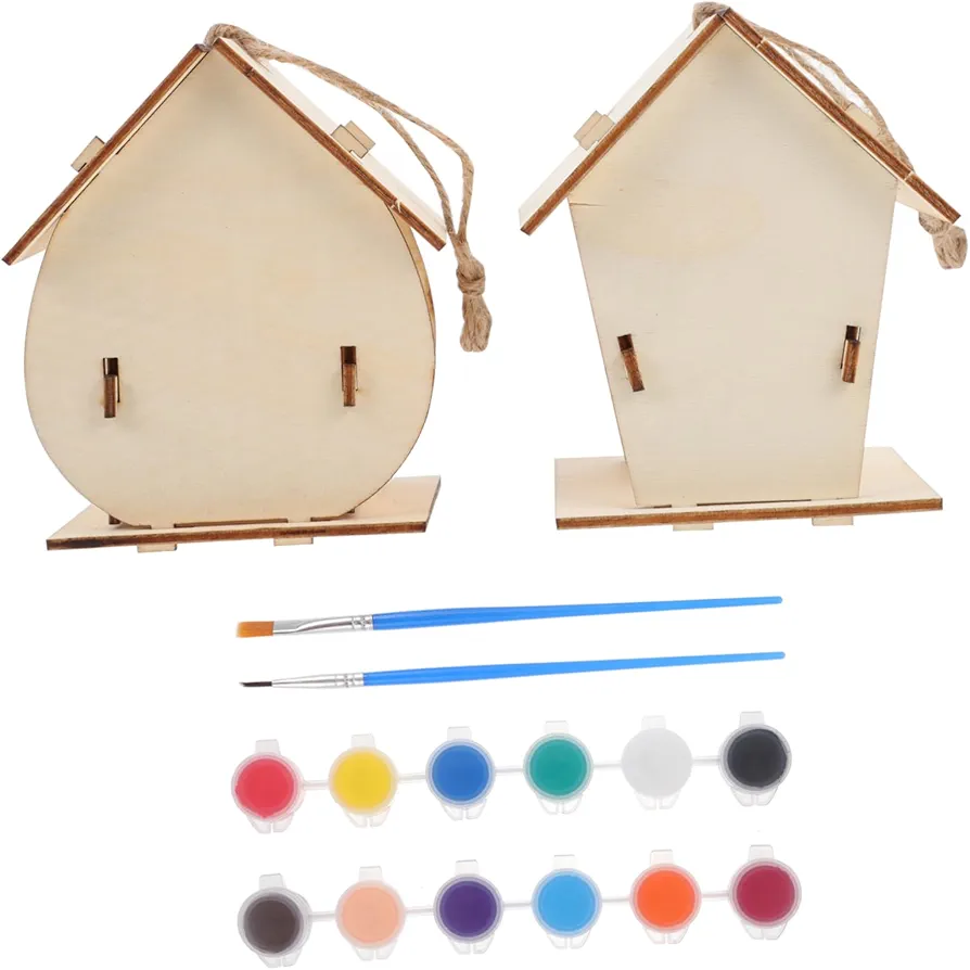 Totority 2 Sets Painted Bird House DIY Bird House Kit for Kids Unfinished Birdhouse to Paint DIY Paintable Bird House Build and Paint Birdhouse Kit Puzzle Child Crafts Wooden