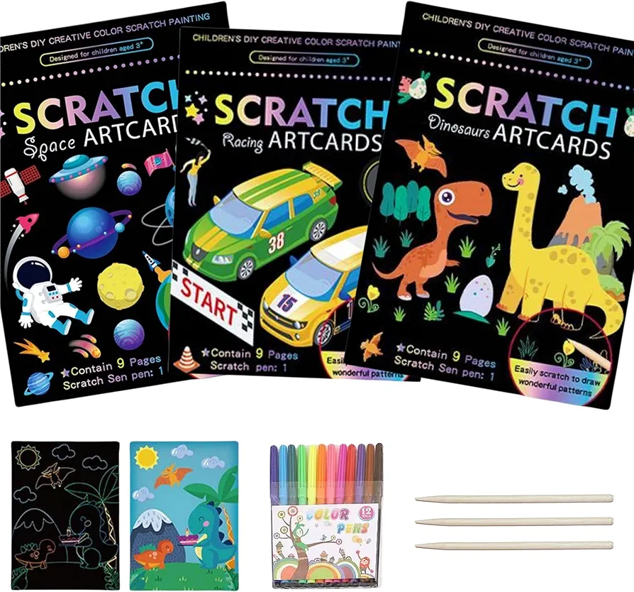 CORTUNARIO 3 Set Magical Scratch Art Paper for Kids with 3 Scratch Pens & 12 Colored Pens for Party Favor School Games DIY Supplies Birthday Gifts for Toddlers Girls & Boys (Dinosaur Space Racing)