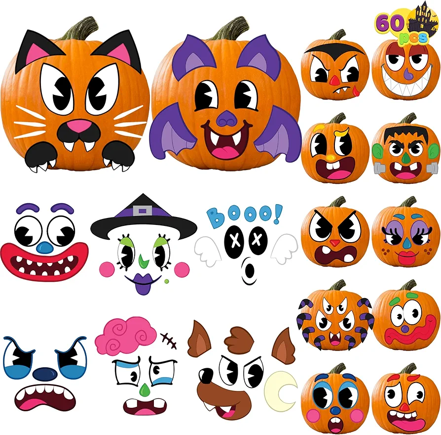 JOYIN 60 Pcs Halloween Pumpkin Decorating Stickers, Halloween Art Craft Party Supplies, Party Favor for Kid, Jack-O-Lantern Face Sticker Sheets, School Activities Pumpkin decor Treat Classroom Goodies