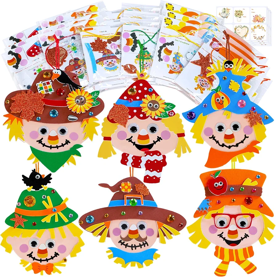 Winlyn 24 Singe Pack Fall Craft Kits Autumn Crafts DIY Scarecrow Head Ornament Decorations Art Sets Maple Leaf Pumpkin Foam Stickers Arts and Crafts for Kids Classroom Activities Holiday Party Favors