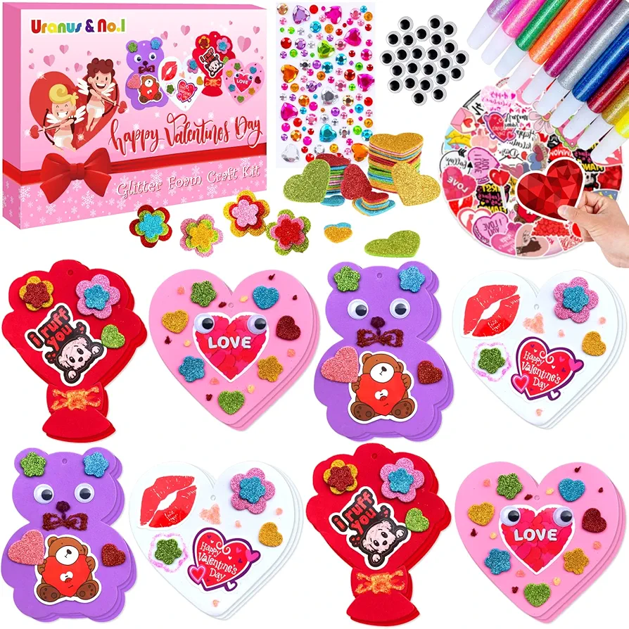 Uranus&No.1 Valentines Day Foam Crafts Set, Heart Bear Bouquet Arts and Crafts Kits for Kids, DIY Craft for Preschool Classroom Activity, Ideal Gifts for Boy/Girl or Wedding Anniversary