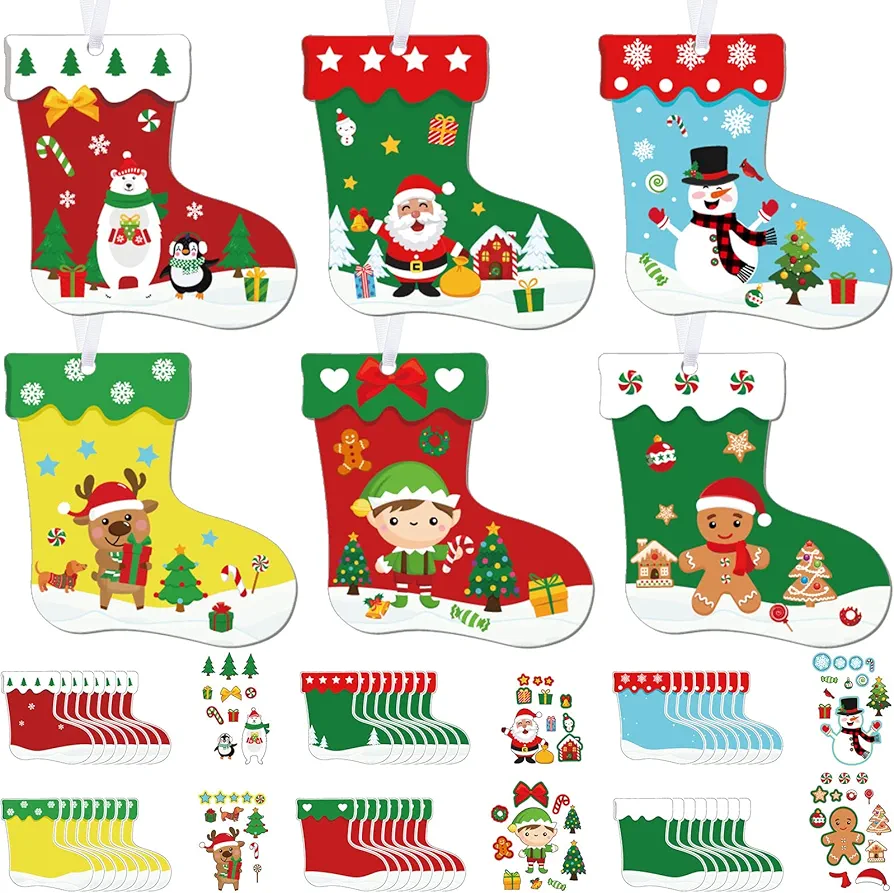 48 Pcs Christmas Craft Kits for Kids Christmas Stockings Christmas Tree Stockings Ornaments Kit Make Your Own Christmas Craft DIY Stockings Cutouts for Holiday Farmhouse Decor Handcraft Supplies