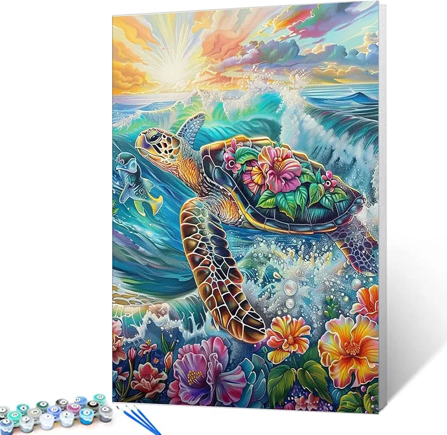 Underwater Worlds Paint by Number DIY Acrylic Sea Turtle Oil Painting Tropical Flowers Paintwork Kit forAdults Beginner Fish DIY Canvas Art Craft 16x20 Inch Sunset Gift Home Decor(Frameless)