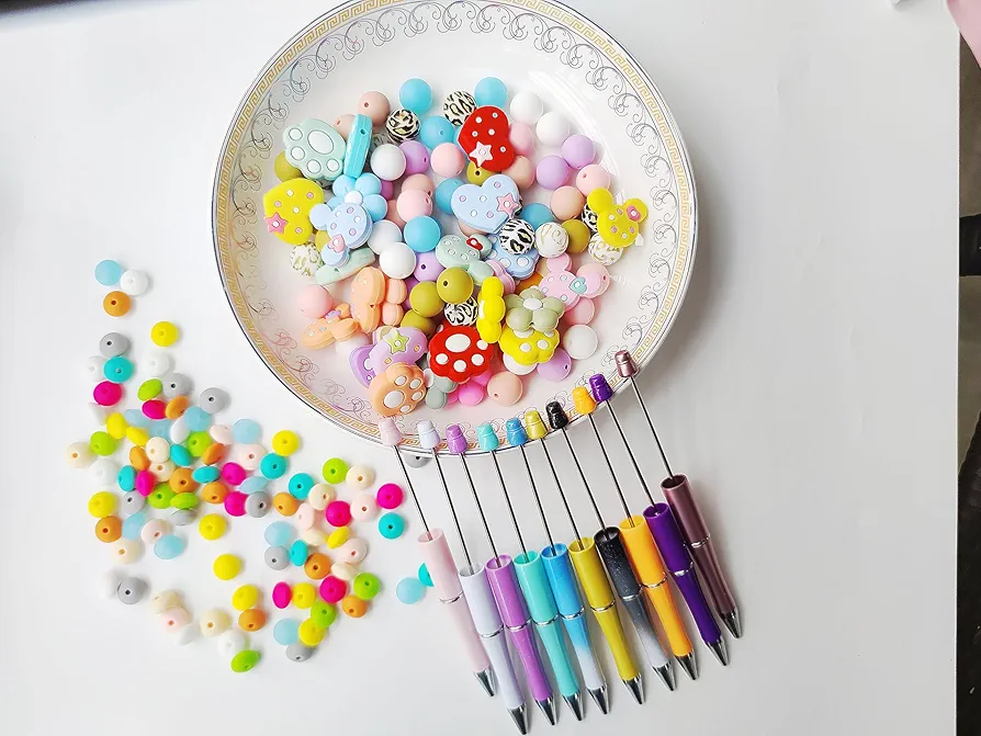 KOYHAPOL 28Pcs Silicone Refill Focusing Beads, 10 DIY Bead Pen Sets, 163Pcs Silicone Beads Lentil Beads DIY Pen Making Set Beads Gift Necklace Bracelet Jewelry.