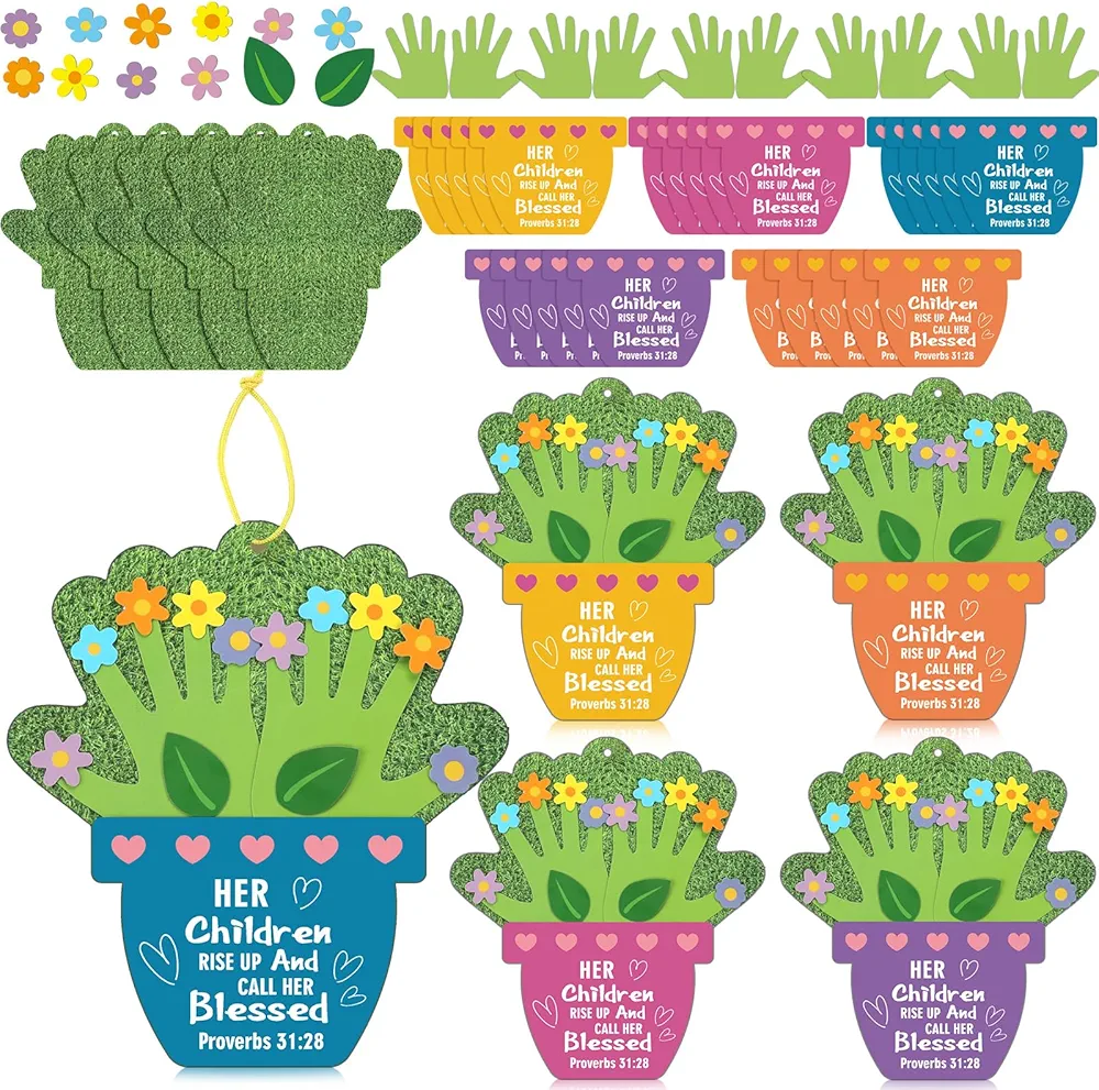 Chivertion 20 Sets Religious Mother's Day Flower Pot Handprint Craft Kit for Kids Classroom with Satin Cording and DIY Craft Gift for Mother's Day Sunday School Activity