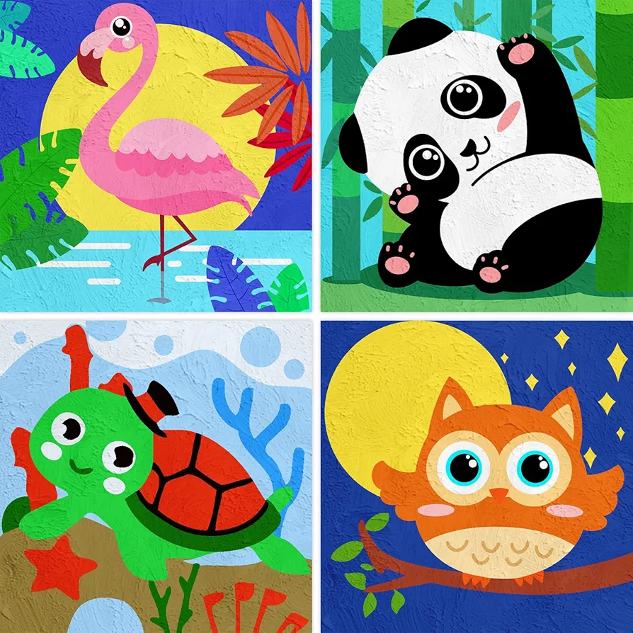 QEUOYSS 4 Paint by Numbers for Kids Ages 8-12 DIY Paint Set for Girls Boys Adults Beginner Crafts for Girls Ages 4-8 Acrylic Oil Painting by Number Kits Perfect for Gift Decor 8"x8" (Animal)