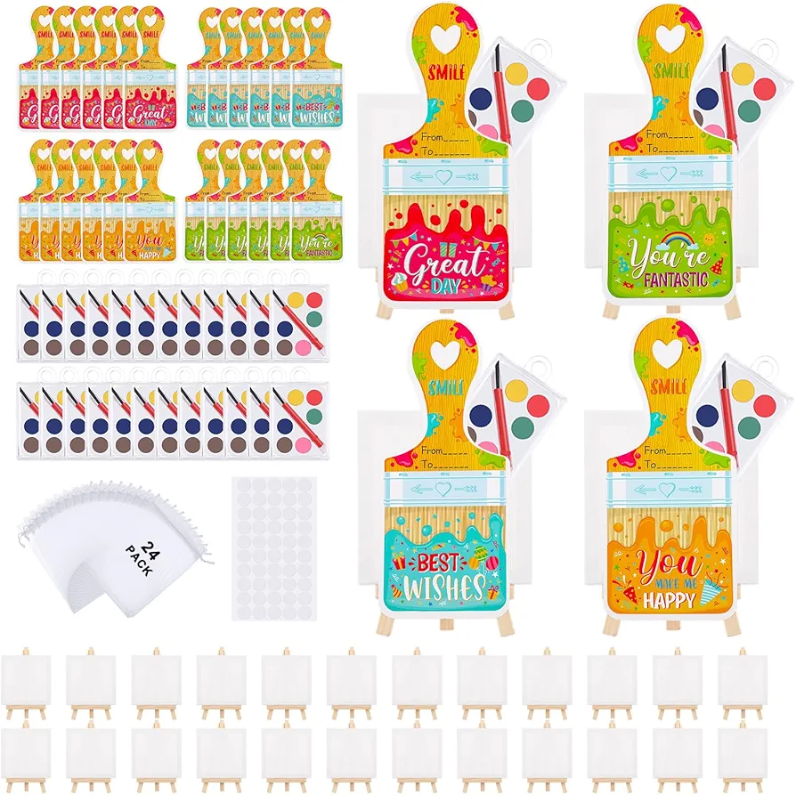 Wedding Pails 24 Sets Watercolor Paint Party Supplies for Kids Watercolor Paint Sets with Easels and Organza Bags Birthday Party Favors with Greeting Card for Classroom Boys Girls Gift Exchanges