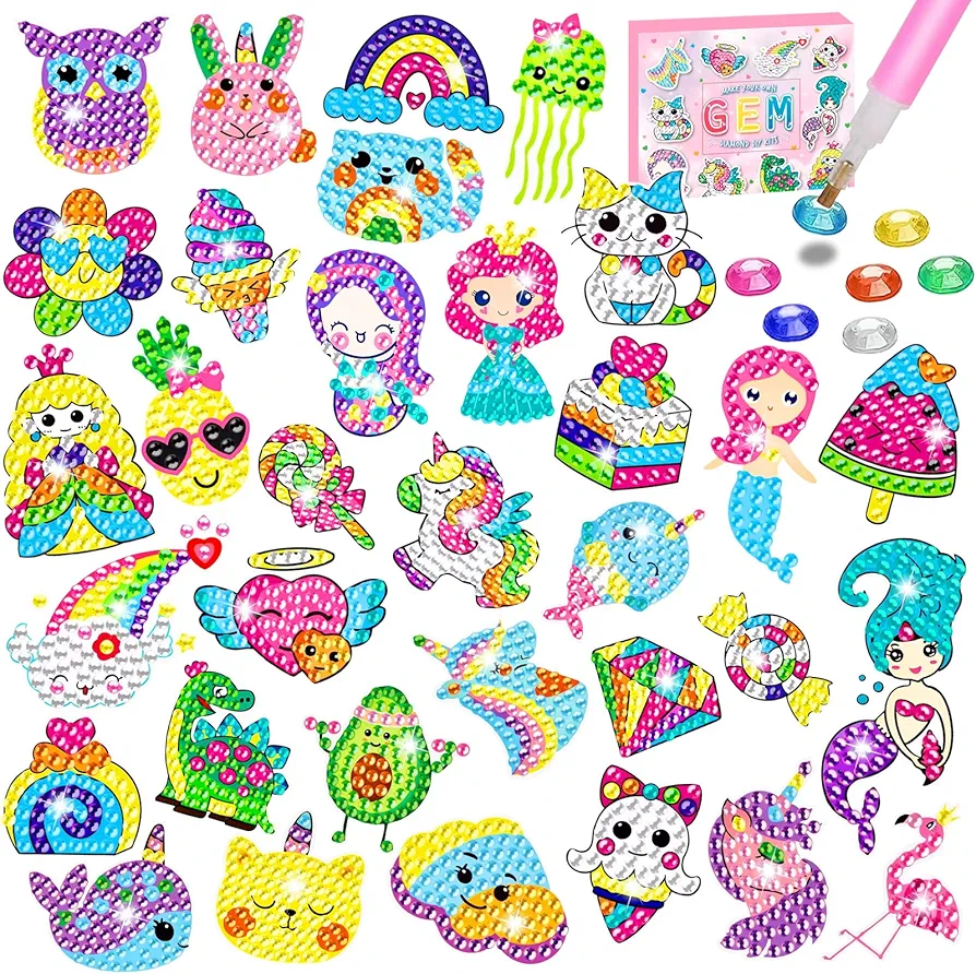 MEIEST 33 PCS Diamond Art Painting Stickers Kits for Kids with Box, Mermaid Unicorn Gem Mosaic Stickers Paint by Numbers Set,DIY Creative Handmade Art and Craft Gift