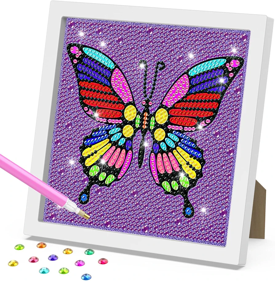 RICUVED Diamond Art Kits for Kids with Frame, Colorful Butterfly Diamond Art for Kids Ages 6-8-12, DIY Easy Kids Gem Art Kit Art and Crafts for Girls & Boys Adult Diamond Art Kits Gift
