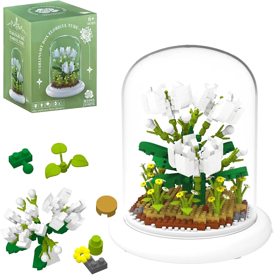 MJDDJA Jasmine Bouquet Mini Building Kits, Easter Basket Stuffers, Forever Jasmine Decorated Flower with Dust Cover, Womens Girlfriend Mom Gifts,Christmas,Mother's Day
