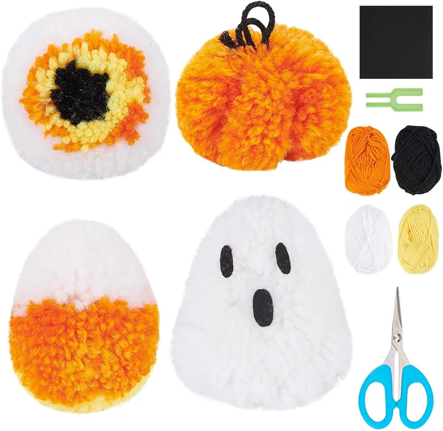 WEBEEDY 4 Set Halloween Pom Poms Ghost Pumpkin DIY Crafts Kit Orange Black White Pompom for Halloween New Year Party Garland Costume Accessories Christmas Tree Hanging Decor