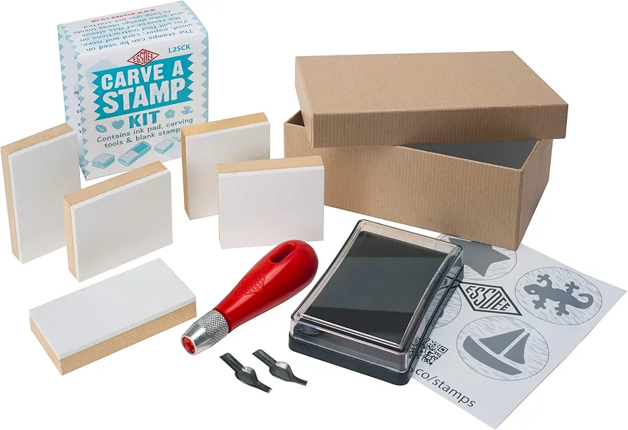 Block Printing Stamp Making Kit || Includes 2 Lino Cutters, Lino Handle, 5 Wood Mounted Blocks, Ink Pad and Leaflet Including Stamp Design || Used in Art, Craft and Carving Stamps || Made from UK