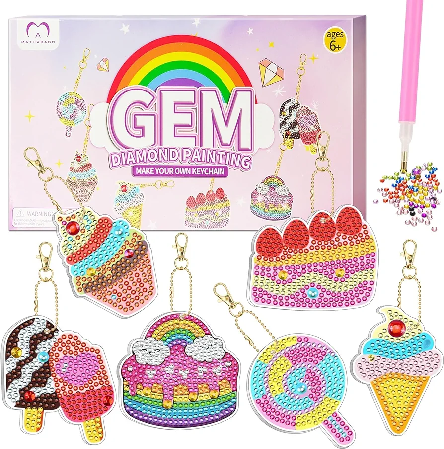 MATHARAGO Diamond Art for Kids 6 Pcs DIY Diamond Painting Girls Keyrings Set, Painting by Number Gem Keychains Craft Kits for Kids Ages 6-12, Gifts for Birthday, Back to School