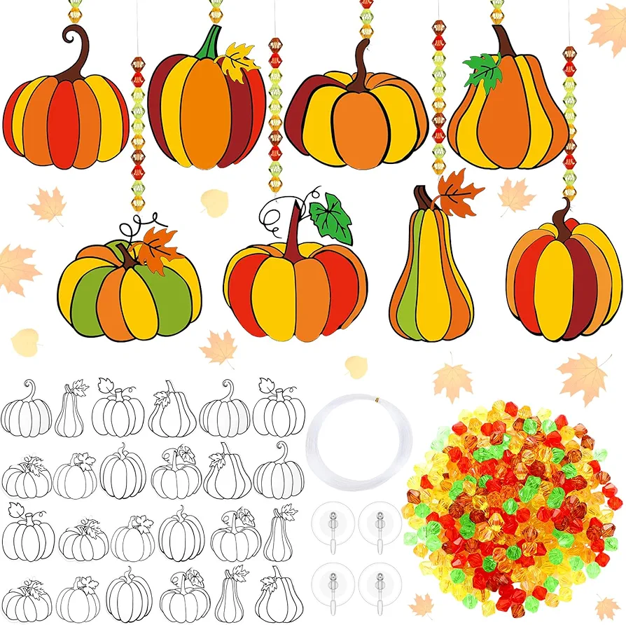 Huwena 32 Sets Fall Suncatchers DIY Window Paint Art Suncatchers Fall Craft Kits Fall Pumpkin Maple Leaf Sun Catchers Painting Kits for Thanksgiving Autumn Classroom Party Art Project(Pumpkin)