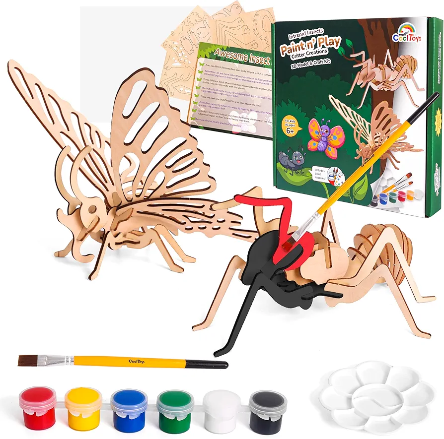 CoolToys Intrepid Insects Paint n' Play 3D Model and Craft Kit - Educational and Fun 3D Wooden Models Building and Painting Set for Kids Ages 6+ - Creative STEM Art Project for Boys and Girls