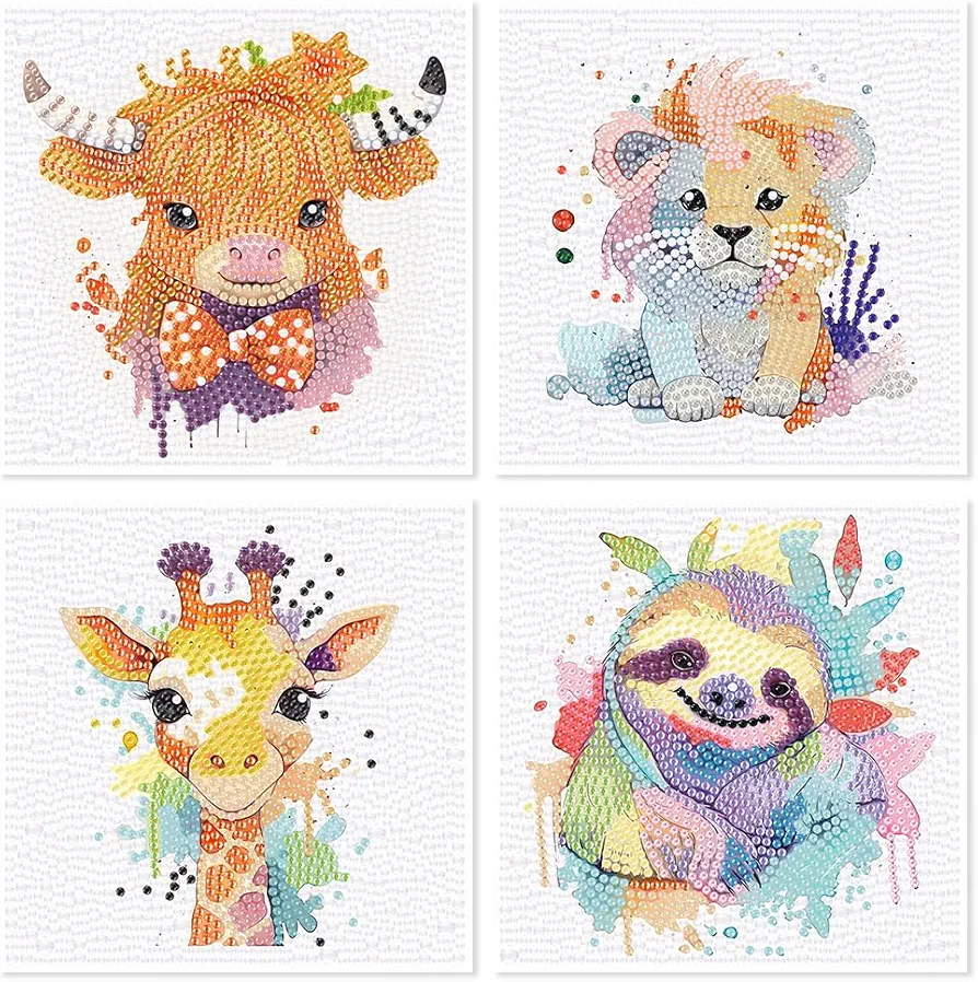 4 Pack Cartoon 5D Diamond Art Kits for Kids,Cute Animals DIY Painting Art Kit for Kids Ages 8-12,Diamond Art Painting Craft Kits,Gem Art Full Drill Diamond Dots for Girls Boys Children 8x8 Inch
