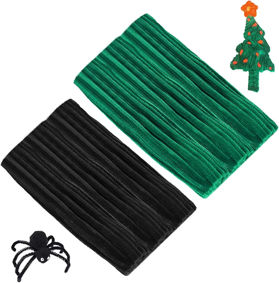 Cuttte Pipe Cleaners Craft Supplies - 100pcs Black Pipe Cleaners Craft and 100pcs Dark Green Pipe Cleaners, Craft Kids DIY Art Supplies, Pipe Cleaner Chenille Stems