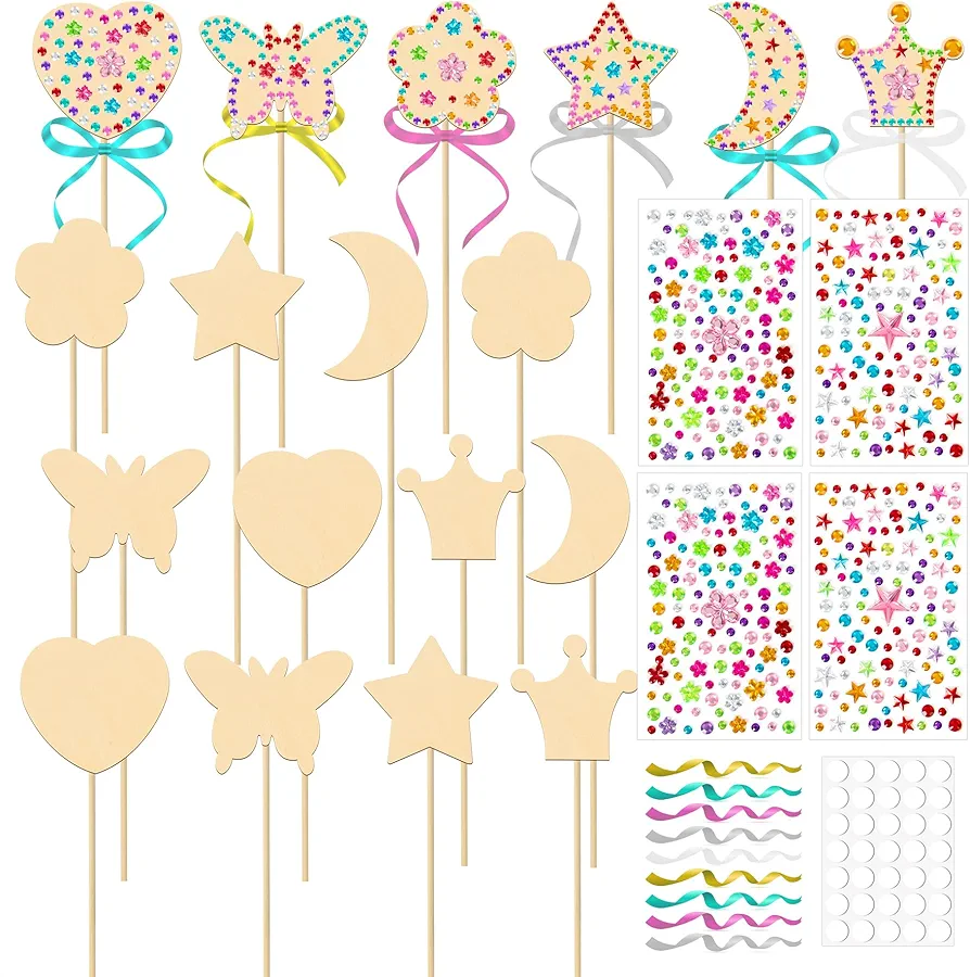 OPUHOHR 18 Sets Wood Fairy Wands Craft Project Kits, Princess Fairy Wands Kit with Gem Stickers, Ribbons Unfinished Wooden DIY Magical Wand, DIY Crafts Art Projects Gifts for Girls