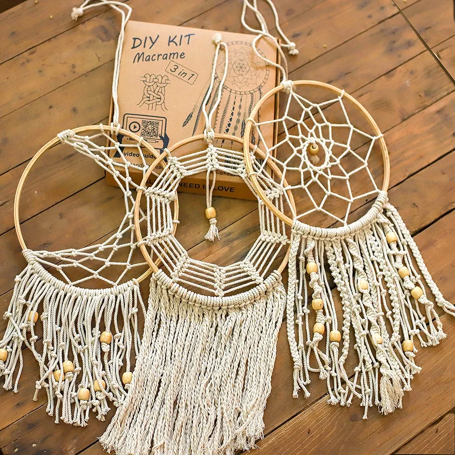 Mandala Life ART DIY Beginners Macrame Dream Catcher Kit - Set of 3 Wooden Rings Rope and beads - Make Your Own Bohemian Wall Hanging -Hobby
