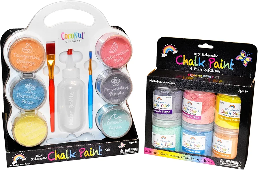 DIY Sidewalk Chalk Paint Set & 6pk Refill - Non-Toxic, Washable Powdered Chalk - Simply Mix in Water and Use a Paintbrush to Create Colorful Artwork on The Sidewalk or Chalkboard, for Kids Ages 5+