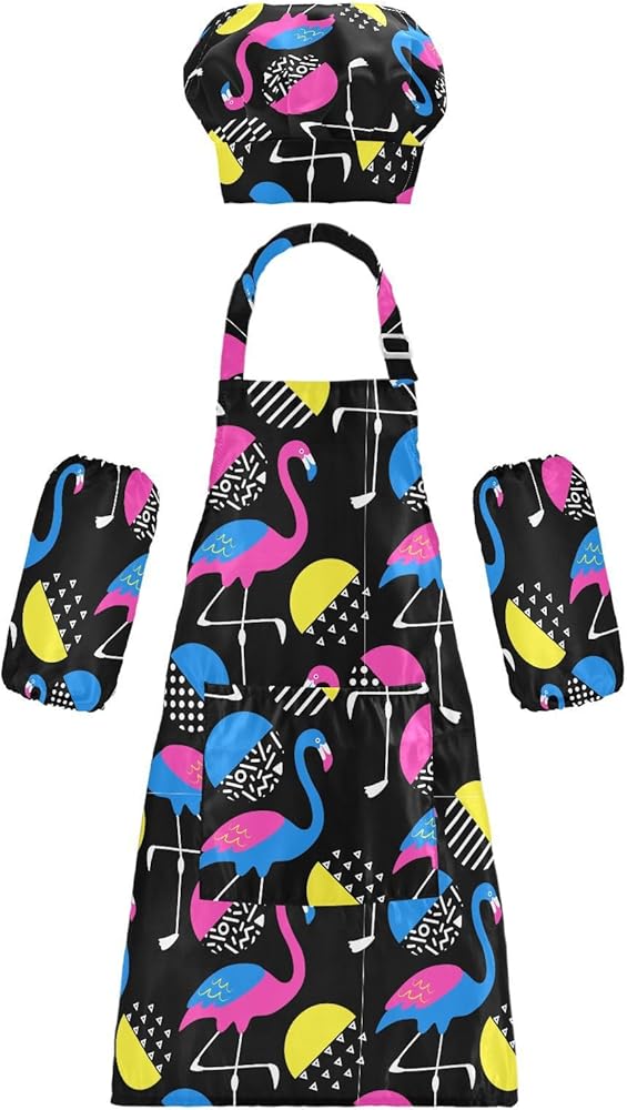 Tropical Cartoon Flamingos Kids Apron And Chef Hat Set for Boys Girls Cooking Adjustable Aprons Toddler Child Apron with Pocket Lightweight Art Chef Gardening Apron for Crafting Baking Painting
