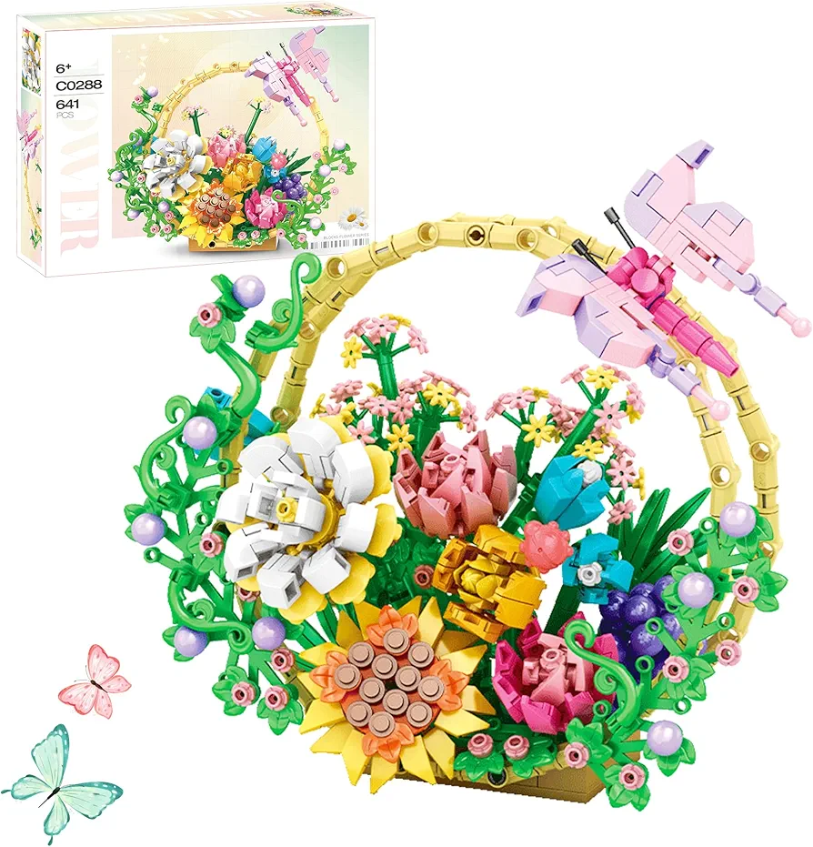 VannMold Flower Basket Building Block Set, Portable Flower Bouquet Basket with Rose Sunflower Tulip Lisianthus, Artificial Flowers Building Kit for Home and Office Décor for Women Girl Adult