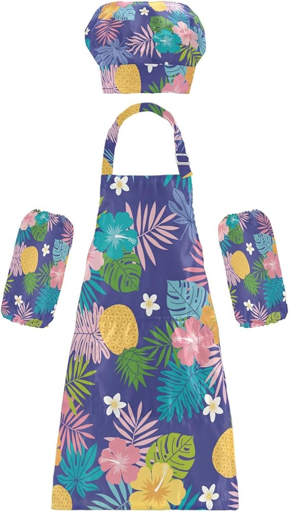Kids Apron and Chef Hat Set, Adjustable Tropical Pineapple Hawaiian Flower Kids Apron with Pockets for Kitchen Role Play