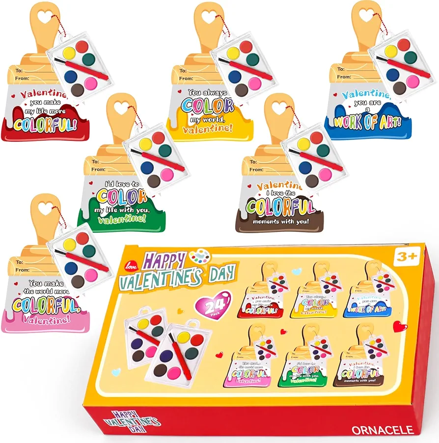 ORNACELE 24 Pcs Valentine's Day Greeting Cards with Painting Tools - Valentine's Day Classroom Exchange Gifts Party Favor Supplies for Kids