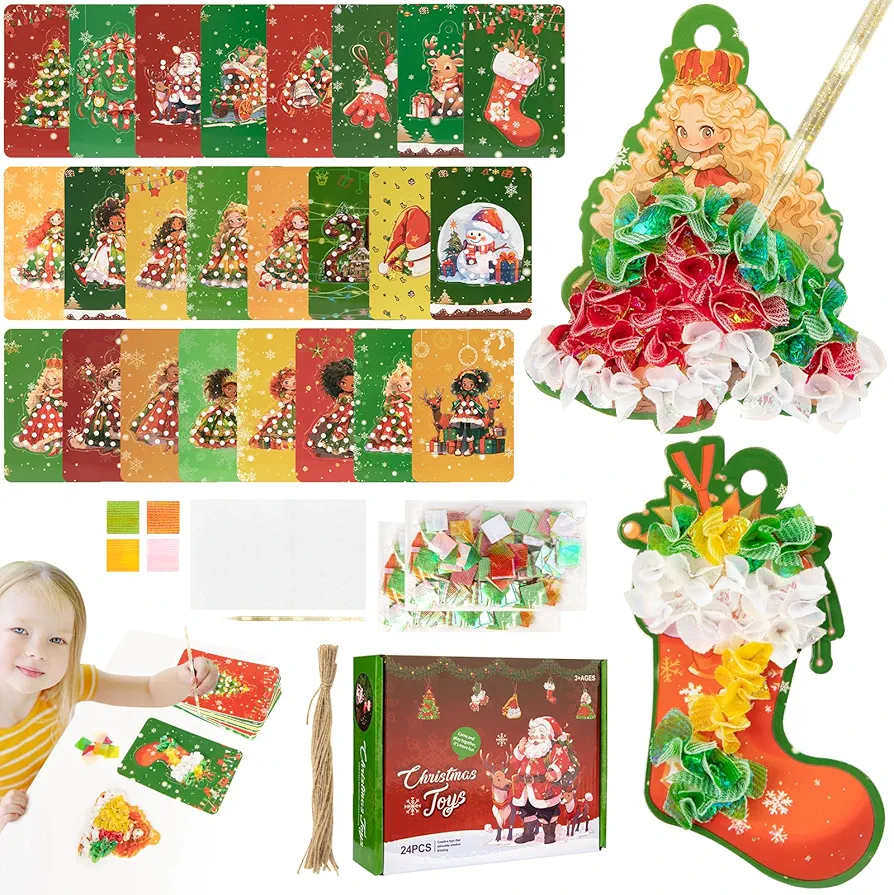 Suteng Arts and Crafts for Kids, 24 Pcs Christmas Crafts Fabric Poke Art Puzzle Puncture Painting, DIY Paper Craft Kit - Hanging Ornaments for Christmas Tree, Gifts for Kids Ages 5-8 8-12