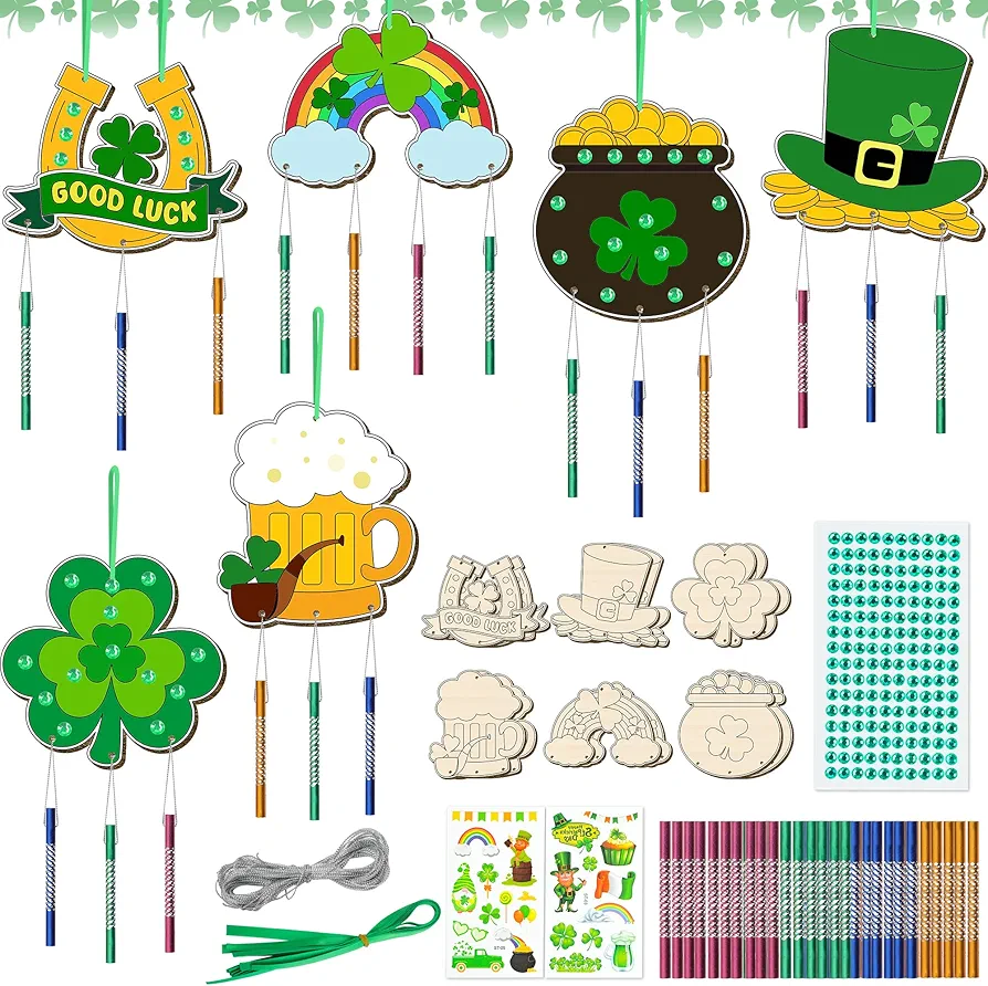 12 Pack St. Patricks Day Wind Chime Kit for Kids, Make You Own Lucky Irish Day Wind Chimes Shamrock Rainbow Wooden Ornaments for Children DIY Coloring Paint Saint Patrick's Day Wooden Art and Craft