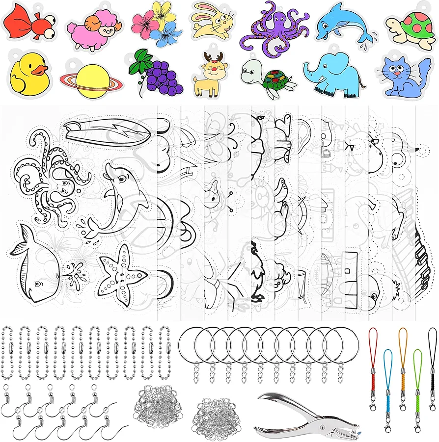 PETDCHEB Shrink Paper Kit, 160 Pieces Art Craft Kit Including 25 Patterned Shrink Plastic Sheets, Keychain and Jewelry Accessories for Kids Creative Craft Making