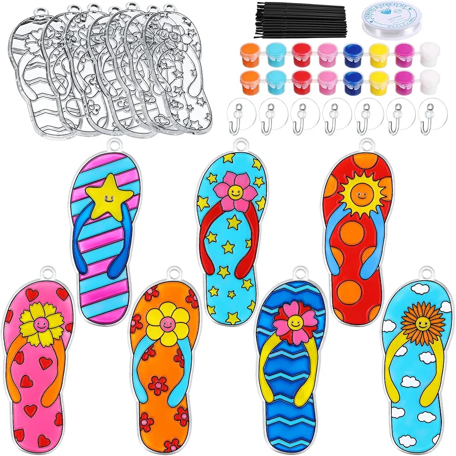 28 Sets Flip Flop Suncatchers Crafts Kits Color Your Own Summer Window Paint Art Suncatcher Ornament Sunday School VBS DIY Beach Party for Home Classroom Activities