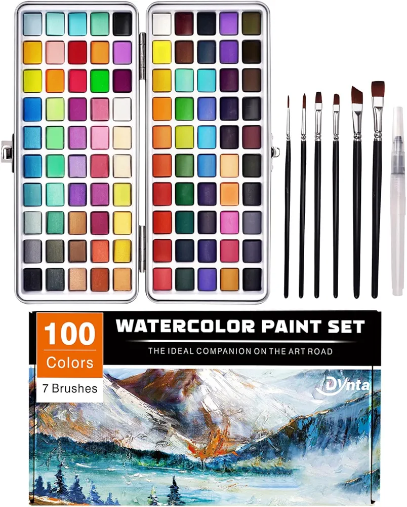 Watercolor Paint Set 100 Colors Portable Solid Pigments with 1 Water Brush Pen 6 Brushes, Art Supplies for Kids Students Teenagers Beginners and Artists, Outdoor-Friendly