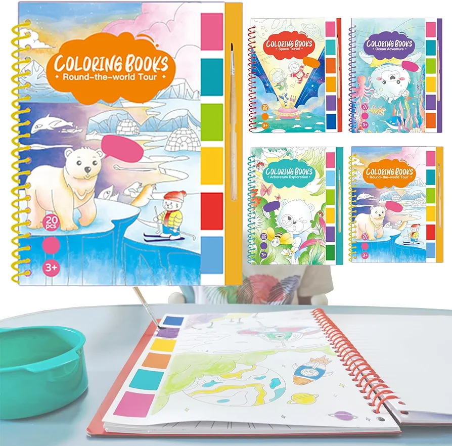 Paint with Water Books for Toddlers, Watercolor Painting Paper for Kids Ages 4-6-8-12, Art Craft Gift for Drawing with Brush Travel Activities (Round-The-World Tour)