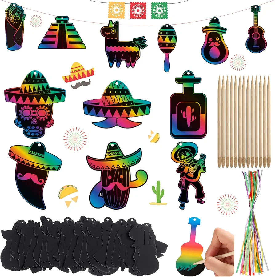 Mexican Fiesta Scratch Paper, Cinco De Mayo Colorful Art Set Rainbow Mexican Scratch Crafts Kit for Kids, 36 Pieces 12 Style Cutouts DIY Crafts for Hanging Ornaments Bookmarks Taco Fiesta Party