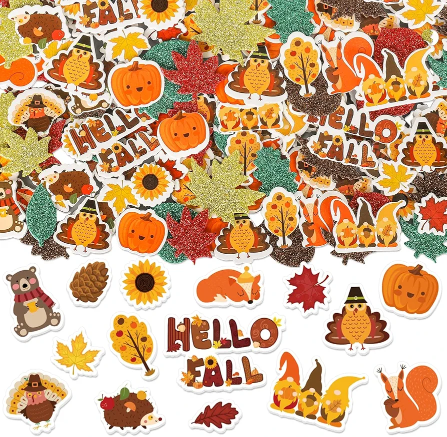 Whaline 600Pcs Hello Fall Foam Stickers Autumn Animal Maple Leaves Glitter Foam Decals Mixed Thanksgiving Self-Adhesive Stickers for DIY Art Craft Scrapbook Journal Decor Party Supplies