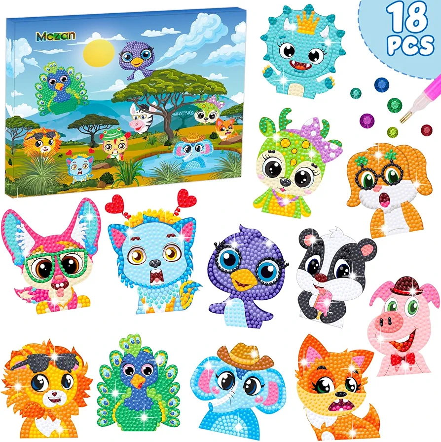 Mczan 18PCS Animals Diamond Art Painting Stickers Kits for Kids Gem Sticker Art Kits Arts and Crafts,5D DIY Diamond Arts Kits Diamond Dot for Boys and Girls Ages 6 7 8-12 Adult Beginners Gift