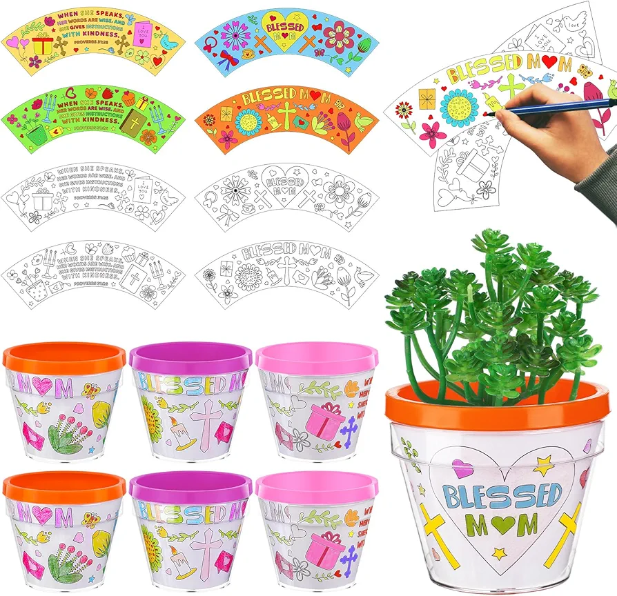 Nitial 24 Set Mother's Day Crafts for Kids Mother's Day DIY Flower Pots Craft Kit Paper Gardening Pot Blessed Mom Flowerpots Decorate Your Own Flower Pot for Kids for DIY Mother's Day Classroom Gift