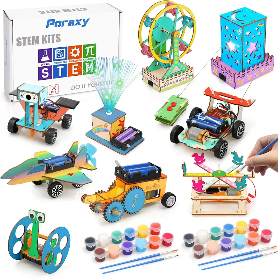 9 Set STEM Kits for Kids 8-10-12, Toys for Ages 8-13, Gifts for 8 9 10 11 12 13 Year Old Boys and Girls, Arts and Crafts, Model Car Kits, Wooden 3D Puzzles, Science Building Projects Kits